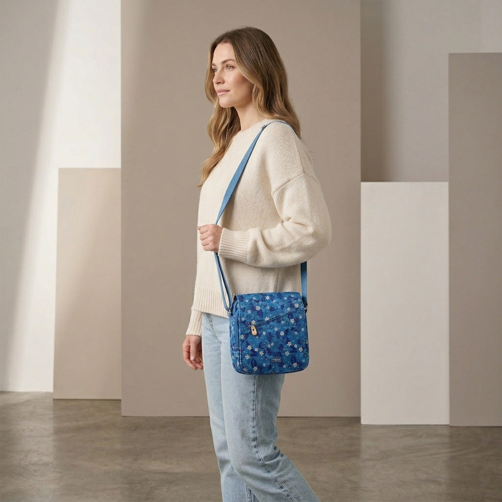 Classic 238 Medium Zip Front Cross Body Bag - Blue Floral